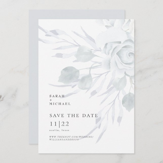 Reserve A Data Dusty Blue Elegant Floral Casamento Salva A Data (Frente/Verso)