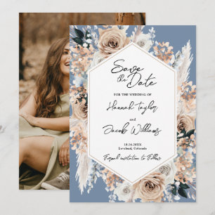 Reserve A Data Dusty Blue Floral Boho Foto de Casamento Salva a D