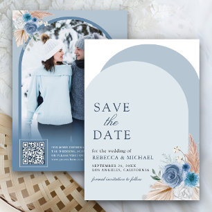 Reserve A Data Dusty Blue Floral Boho Pampas Arch Foto QR Code