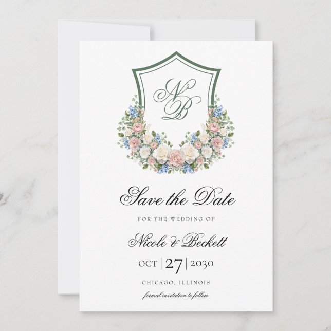 Reserve A Data Dusty Blue Floral Crest Casamento (Frente)