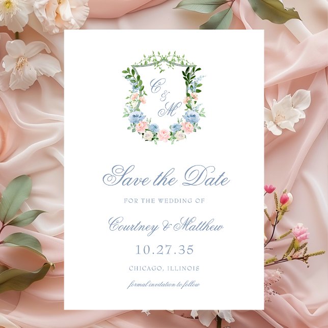 Reserve A Data Dusty Blue Floral Crest Casamento (Criador carregado)