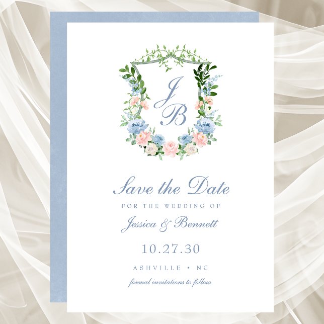 Reserve A Data Dusty Blue Floral Crest Casamento Salvar Data (Criador carregado)
