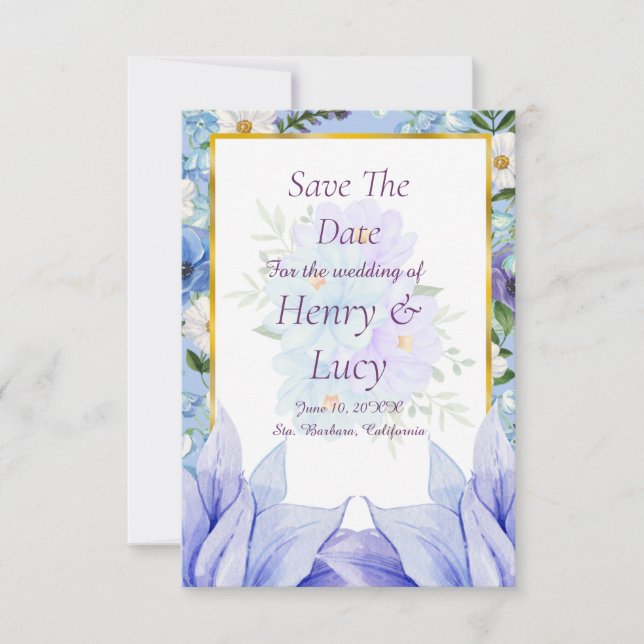 Reserve A Data Dusty Blue Floral Garden Save the Date (Frente)