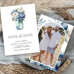 Reserve A Data Dusty Blue Floral Mason Jar Foto Casamento