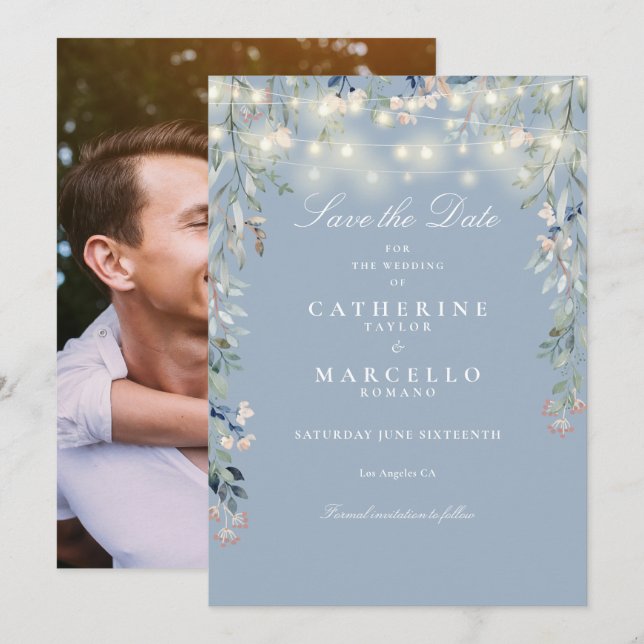 Reserve A Data Dusty Blue Floral String Lights Foto de Casamento (Frente/Verso)