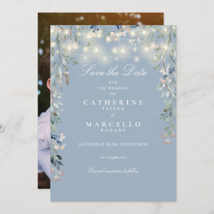 Reserve A Data Dusty Blue Floral String Lights Foto de Casamento