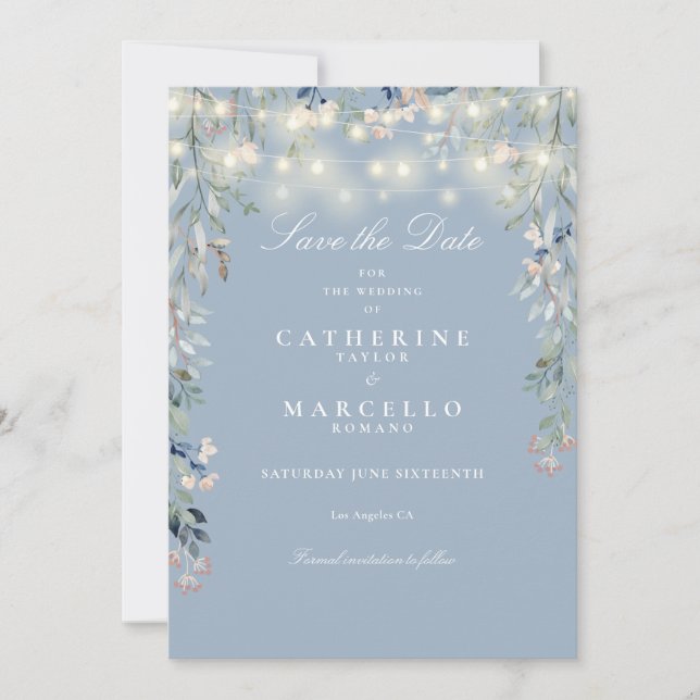Reserve A Data Dusty Blue Floral String Luzes Casamento (Frente)