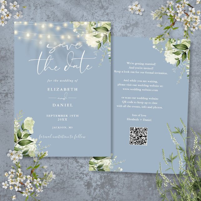 Reserve A Data Dusty Blue Floral String Luzes QR Código Casamento (Dusty Blue Floral String Lights QR Code Wedding Save The Date)