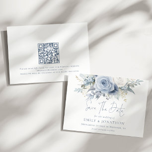 Reserve A Data Dusty Blue Florals Código QR Casamento Azul Escrev
