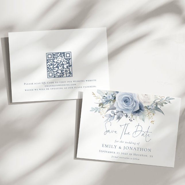 Reserve A Data Dusty Blue Florals Código QR Casamento Azul Escrev (Front and back view)
