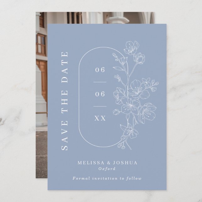 Reserve A Data Dusty Blue Line Desenha Foto Floral Casamento (Frente/Verso)