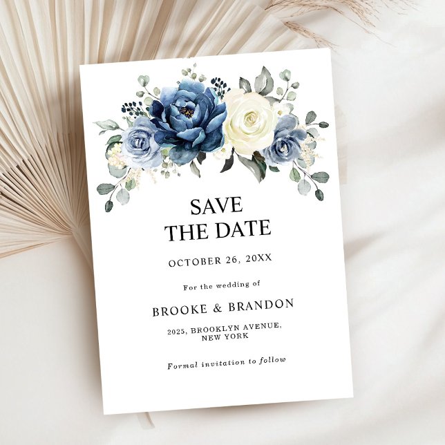 Reserve A Data Dusty Blue Marinho Champagne Ivory Floral Wedding  (Dusty Blue Navy Champagne Ivory Floral Wedding Save The Date card)