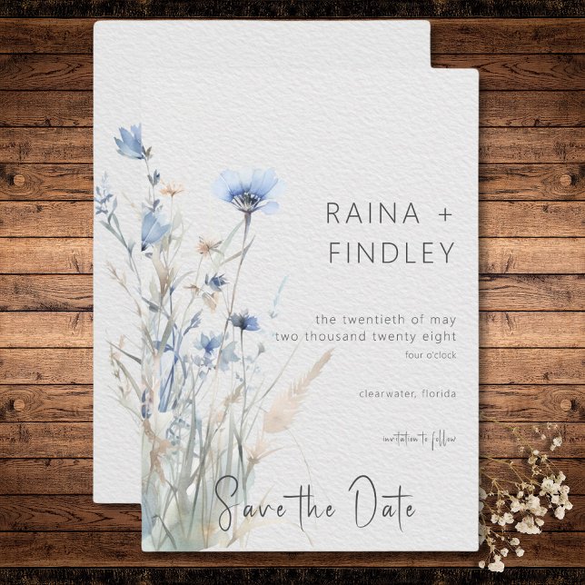 Reserve A Data Dusty Blue Meadow Wildflower Modern Wedn (Dusty Blue Meadow Wildflowers Modern Wedding Save The Date)