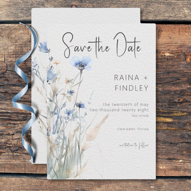 Reserve A Data Dusty Blue Meadow Wildflower Modern Wedn (Dusty Blue Meadow Wildflowers Modern Wedding Save The Date)