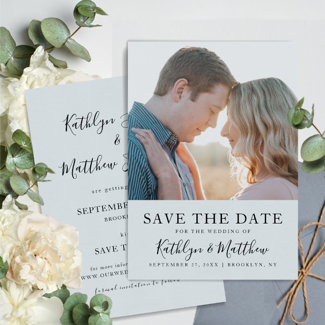 Reserve A Data Dusty Blue Modern Typografia Simple Photo Casament (Criador carregado)