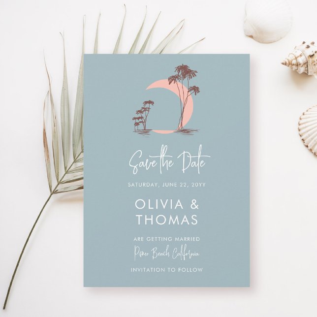 Reserve A Data Dusty Blue Palm Trees Moon Modern Beach Casamento (beach wedding save the date dusty blue palm trees crescent moon modern romantic elegant seaside)