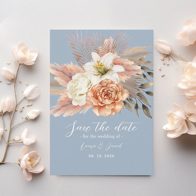 Reserve A Data Dusty Blue Peach Floral Boho Wedding (Criador carregado)