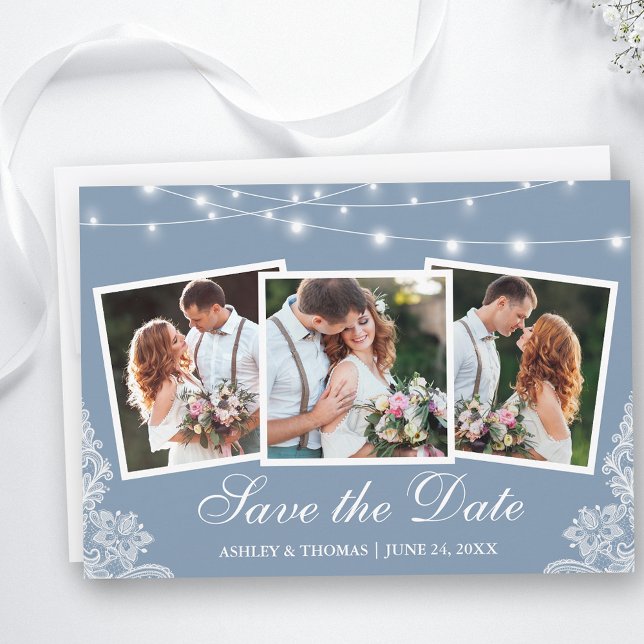 Reserve A Data Dusty Blue String Luz Lace 3 Foto (Customize to change text size, style or to add more text to back of card.)