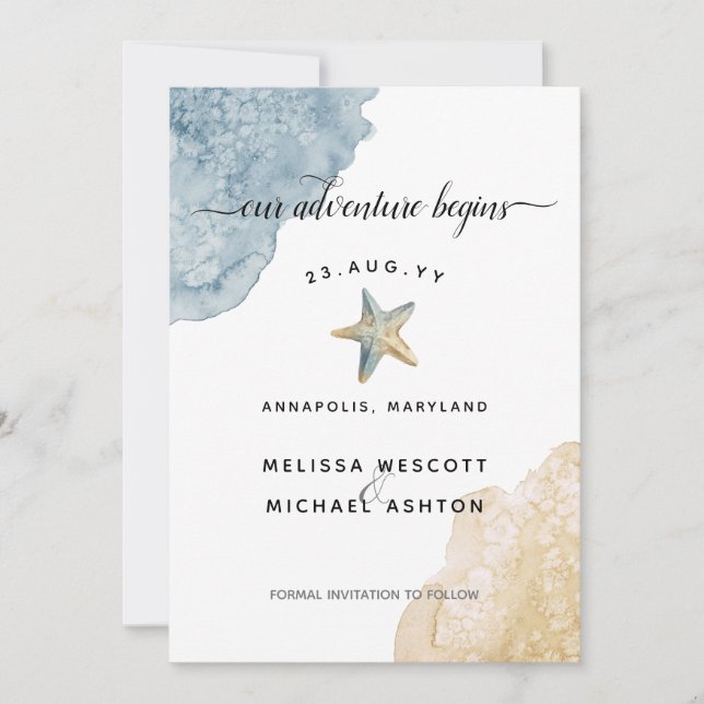 Reserve A Data Dusty Blue Watercolor Beach Modern Coastal Weding (Frente)