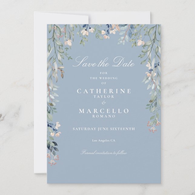 Reserve A Data Dusty Blue Wildflower Casamento Floral (Frente)