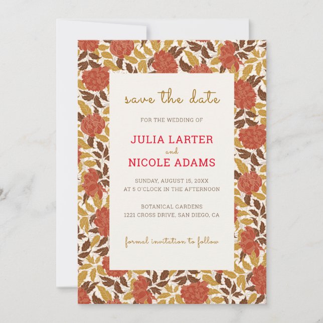 Reserve A Data Dusty Brunt Orange Peony Flowers Casamento outono (Frente)