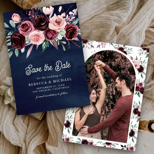 Reserve A Data Dusty Pink Burgundy Marinho Floral Casamento Azul (Criador carregado)