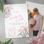 Reserve A Data Dusty pink cattleya orchid floral custom photo<br><div class="desc">Announce your wedding date with timeless botanical elegance using this Cattleya Orchid Save the Date Card with a photo on the back. This refined design features a delicate floral illustration inspired by the graceful cattleya orchid, rendered in soft dusty pink and grey-green tones for a romantic and sophisticated look. The...</div>
