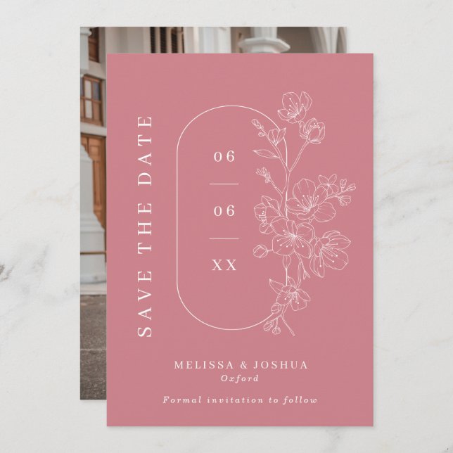 Reserve A Data Dusty Pink Line Desenha Foto Floral Casamento (Frente/Verso)