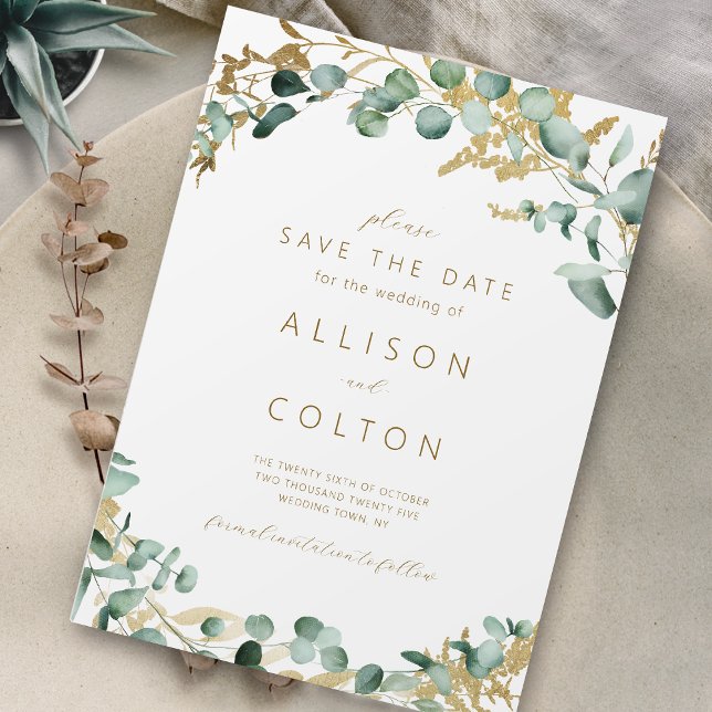 Reserve A Data Ecalyptus ouro-verde-boho salva a data (Rustic eucalyptus gold greenery boho save the date)