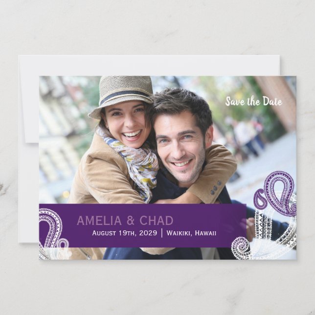 Reserve A Data EggPlant Paisley Wedding Foto para Salvar a Data (Frente)