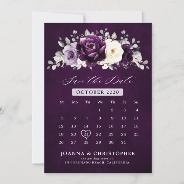 Reserve A Data EggPlant Purple Plum Ivory White Calendário S (Frente)