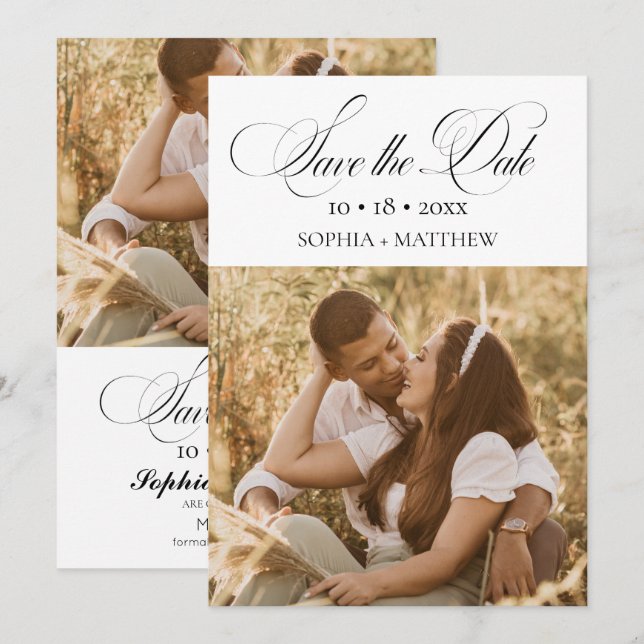 Reserve A Data Elegance Script 2 Foto Casamento Save The Date (Frente/Verso)