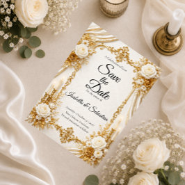 Reserve A Data Elegância Atemporal Dourada de Marfim Casamento