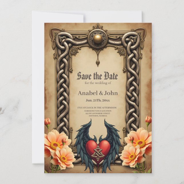 Reserve A Data elegância celta com coração e asas. (Frente)