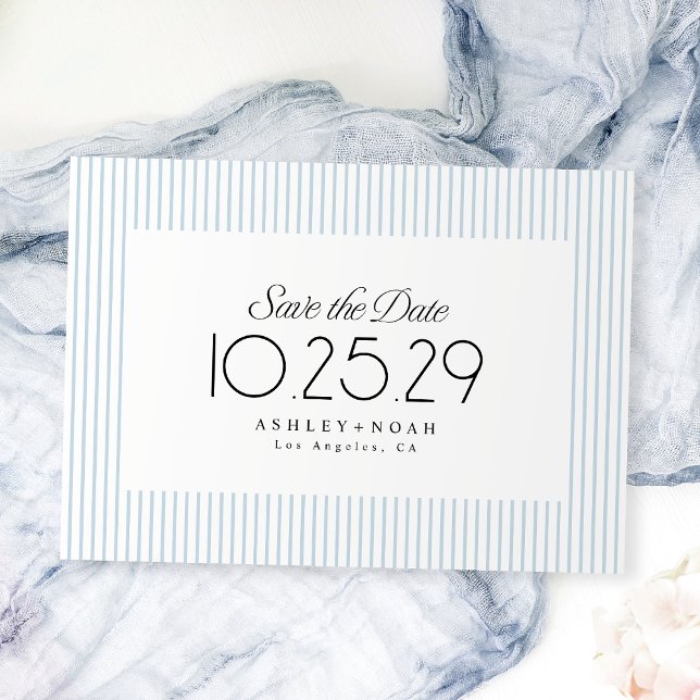 Reserve A Data Elegância Listrada Azul Empoeirada Casamento Cláss (Dusty Blue Striped Elegance Classy Wedding Save The Date)