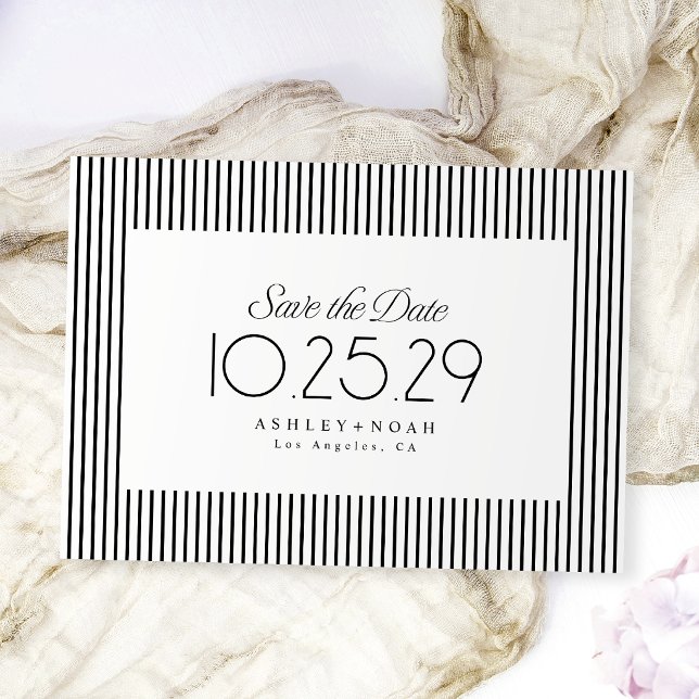 Reserve A Data Elegância Listrada Preto e Branco Casamento Clássi (Black And White Striped Elegance Classy Wedding Save The Date)