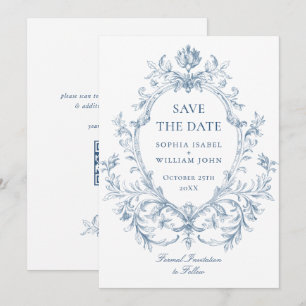 Reserve A Data Elegância Ornamentada Vitoriana Floral Azul Poeire