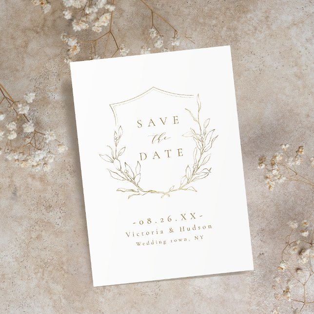 Reserve A Data Elegância simples em ouro, crista botânica para ca (Gold simple elegance botanical crest wedding save the date)