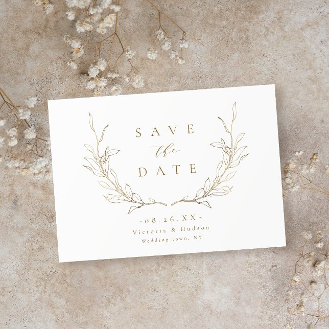 Reserve A Data Elegância simples em ouro folhas botânicas casamen (Gold simple elegance botanical leaves wedding Save The Date)