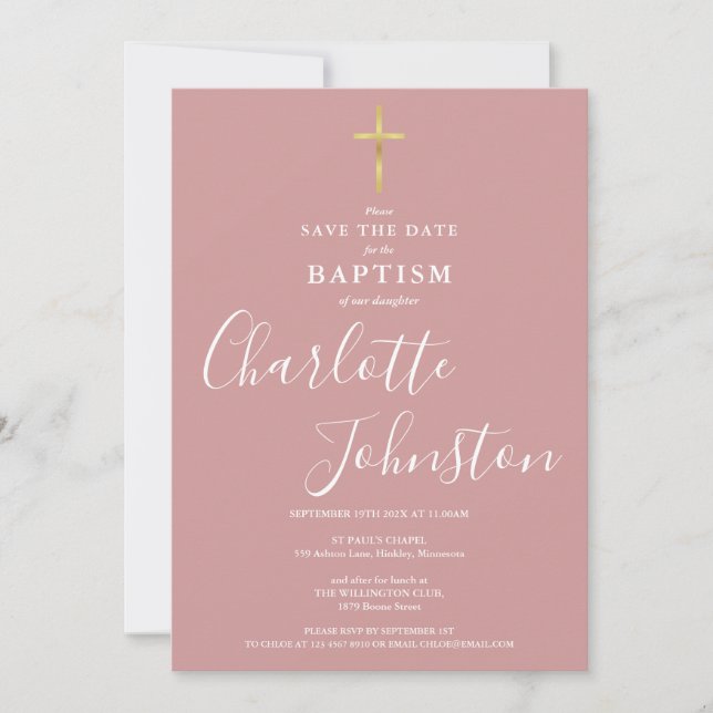 Reserve A Data Elegant Baptism Christening Dusty Rose Pink (Frente)