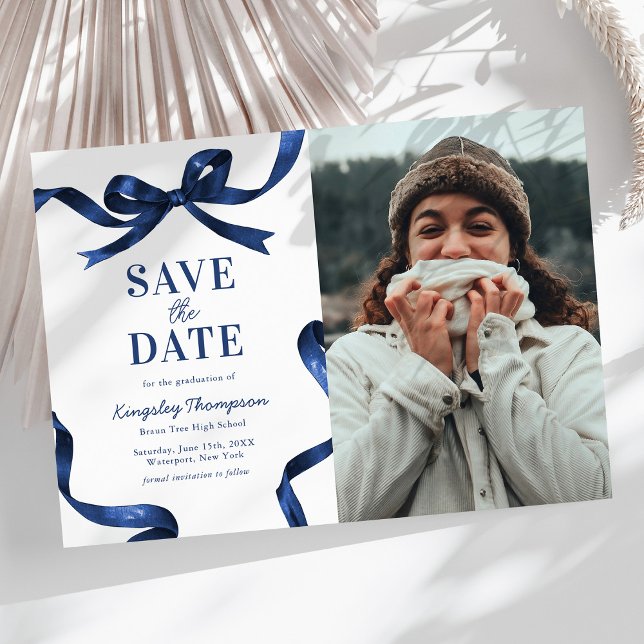 Reserve A Data Elegant Blue Bow Graduation Save the Date (Criador carregado)