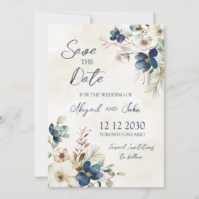 Reserve A Data Elegant Blue Flora Winter Save the Date Card (Frente)