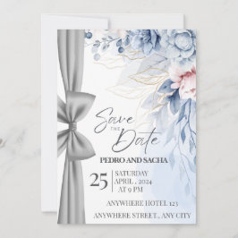 Reserve A Data Elegant Blue Floral Save The Date Card with Silver