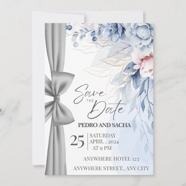 Reserve A Data Elegant Blue Floral Save The Date Card with Silver (Frente)