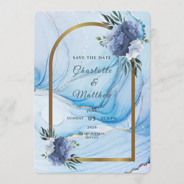 Reserve A Data Elegant Blue & Gold Wedding Save the Date  (Frente)