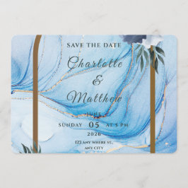 Reserve A Data Elegant Blue & Gold Wedding Save the Date 