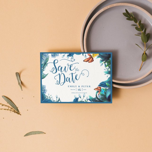 Reserve A Data Elegant Blue Green Botanical Butterfly Wedding (Elegant Blue Green Botanical Butterfly Wedding Save The Date)