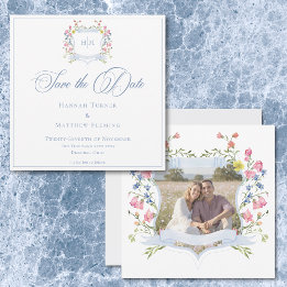 Reserve A Data Elegant Blue Pastel Wildflower Crest Wedding Photo
