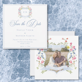 Reserve A Data Elegant Blue Pastel Wildflower Crest Wedding Photo