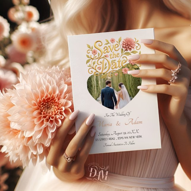 Reserve A Data Elegant Blush Dahlias Golden Script Wedding Photo (Criador carregado)